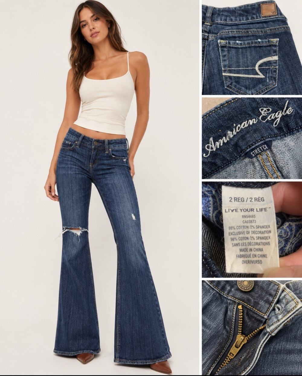 Y2K Indie American Eagle Artist Flare Jeans Size 2 Distressed Dark Wash Indigo